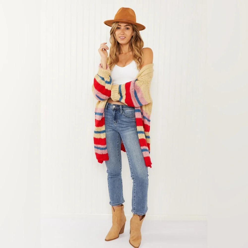 Davi & Dani Striped cardigan”Loveliest Smile” knit cardigan cozy sweater NEW - Picture 1 of 8
